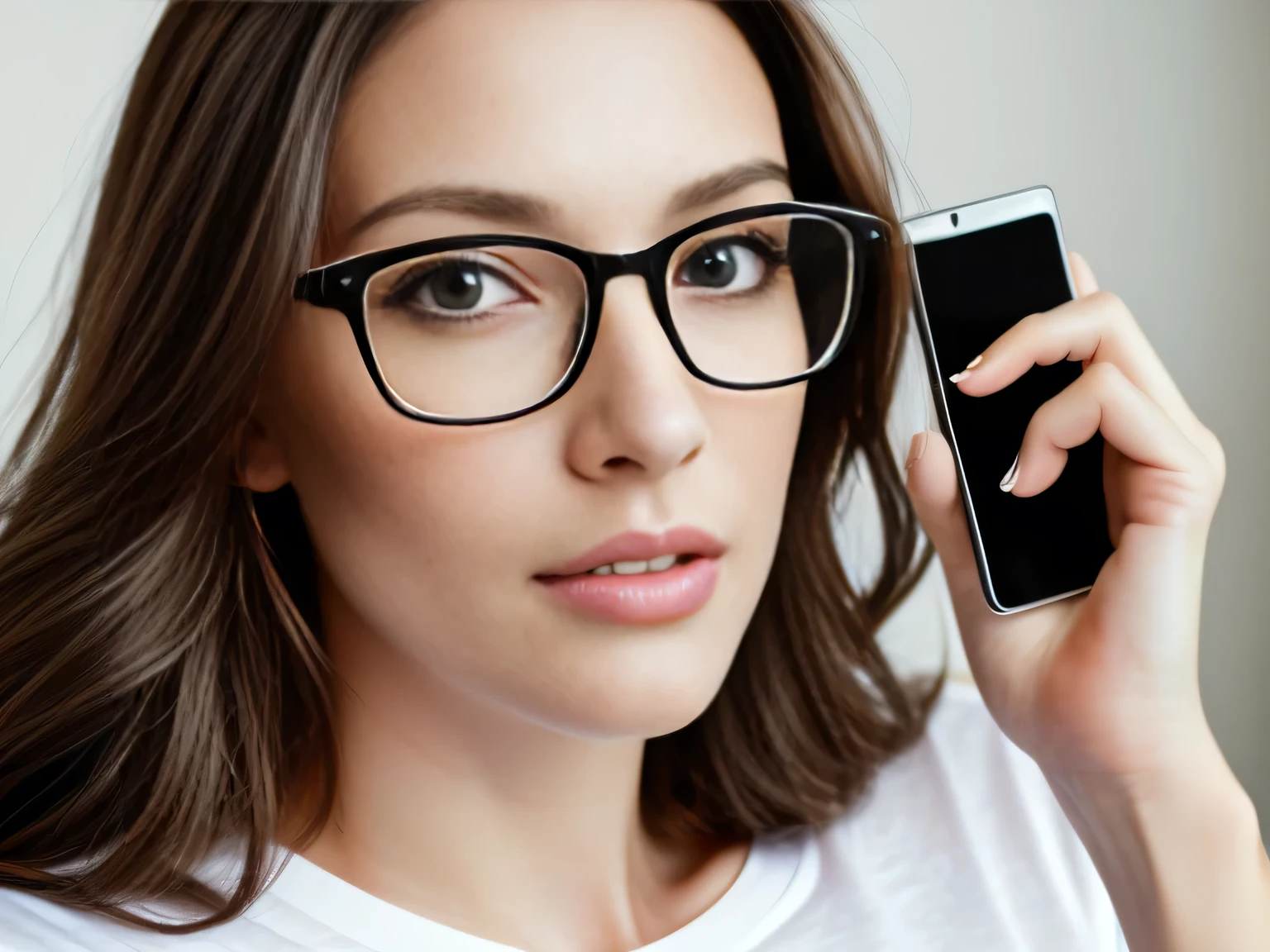 there is a light brunette woman with glasses looking at a cell phone, portrait of a 38 year old woman, wearing reading glasses, wearing large thin round glasses, portrait of brunette, close-up portrait of woman, 38 years old, (38 years old ), wearing white t-shirt ((((white t-shirt))) no blur, HD, high contrast, 16K Masterpiece: 1.3, high resolution, (photographically realistic), NUDE, NUDITY, NFSW. 16K