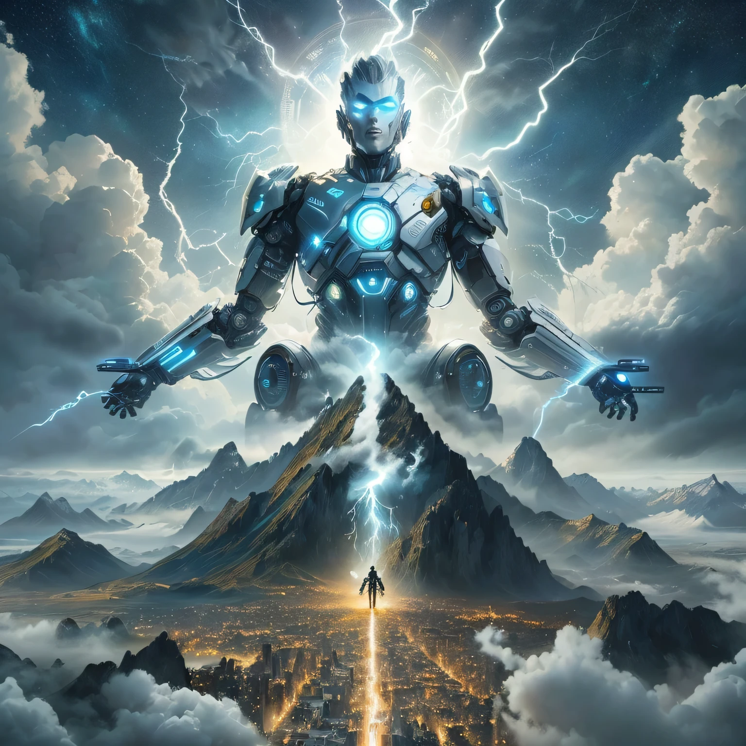 a photo taken from a science fiction film of a man in a suit with lightning coming out of his head, epic fantasy science fiction illustration, science fiction digital art, epic sci-fi digital art, god of artificial intelligence, epic science fiction fantasy art, fractal trovão dan mumford, science fiction digital art illustration, science fiction art, Arte digital altamente detalhada em 4k