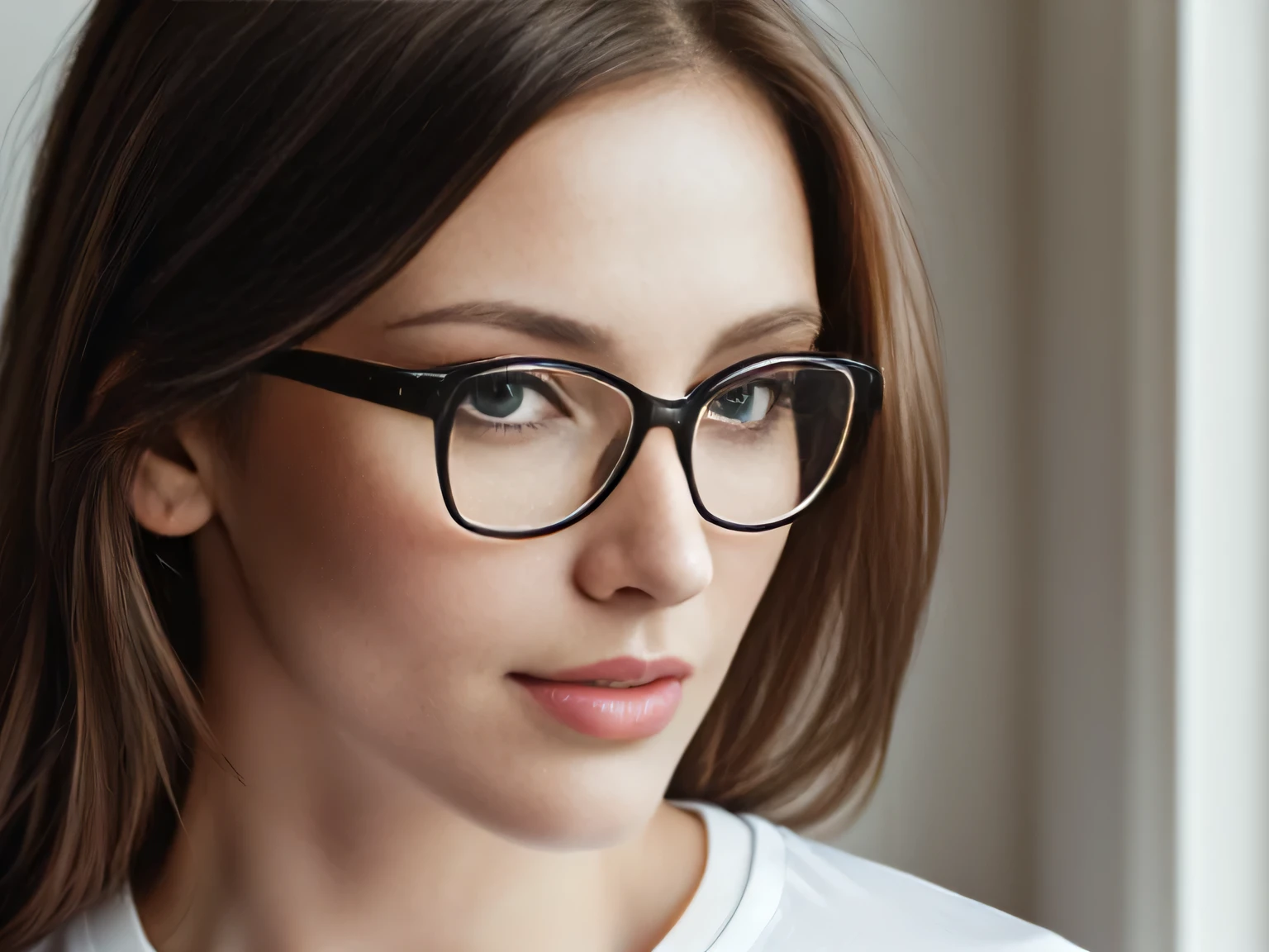 there is a light brunette woman with glasses looking at a cell phone, portrait of a 38 year old woman, wearing reading glasses, wearing large thin round glasses, portrait of brunette, close-up portrait of woman, 38 years old, (38 years old ), wearing white t-shirt ((((white t-shirt))) no blur, HD, high contrast, 16K Masterpiece: 1.3, high resolution, (photographically realistic), NUDE, NUDITY, NFSW. 16K