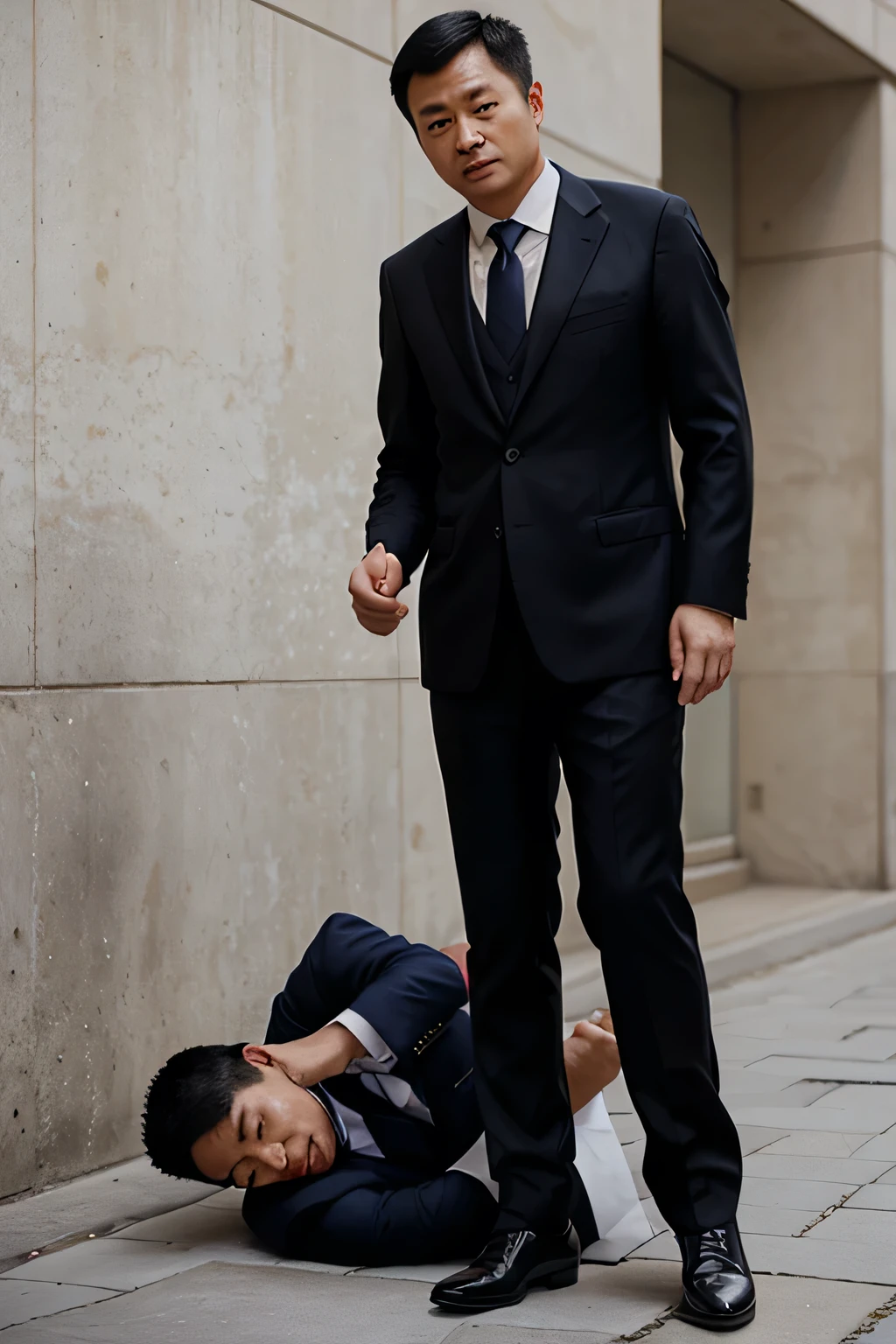A Chinese businessman wearing a suit and tie steps on a man's head