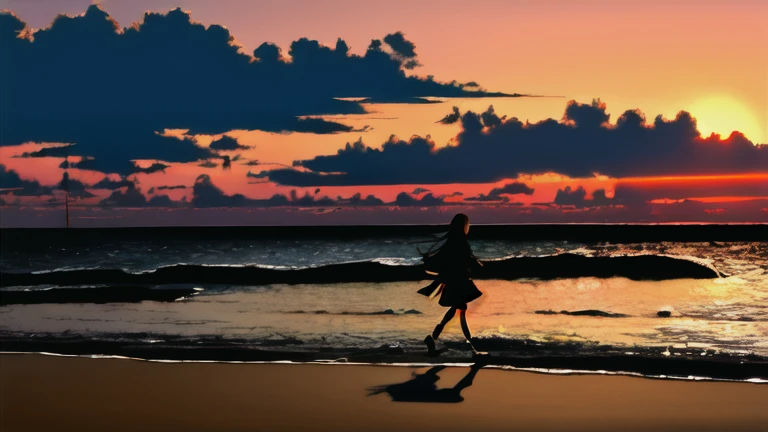 The light of the setting sun reflects fantastically from the seaside and scatters、Flying lights,Silhouette of a girl walking, ((Long Shadows))