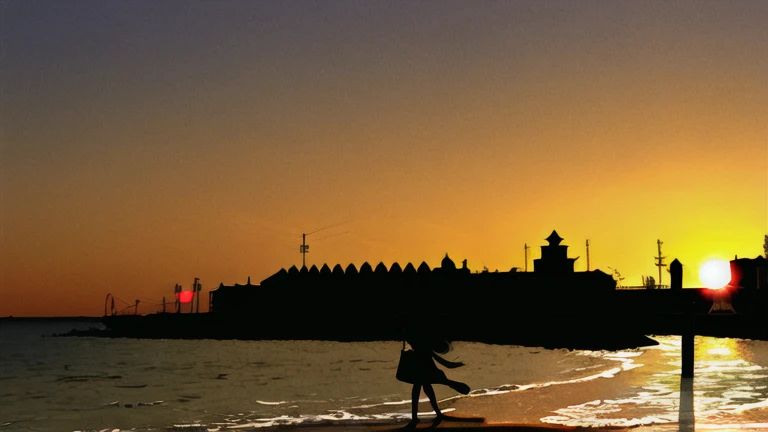 The light of the setting sun reflects fantastically from the seaside and scatters、Flying lights,Silhouette of a girl walking, ((Long Shadows))