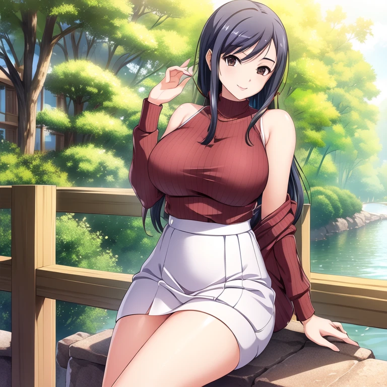 Ayako Hiiragi | Walkure Romanze, masterpiece, best quality, a beautiful sexy mature woman in red sweater and white skirt leaning over railing holding a white purse beside a river, 1girl, breasts, solo, bag, white floral skirt, turtle neck sweater, outdoors, bare shoulder, jewelry, looking at viewer, smile, ((((Estrus)))),(((A seductive smile))),Drooping eyes,Red cheeks,