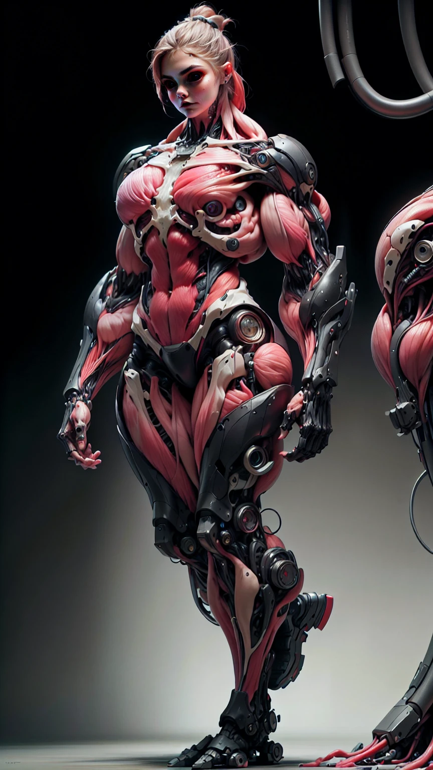 (1 girl), (cara delevingne), (muscular android girl wearing a black anatomic cybernetic muscle suit:1.25), (wide shoulders:1.25), (muscular defined physique:1.25), perfect hands, long hair, large breasts, high resolution image, extreme detail, blank background