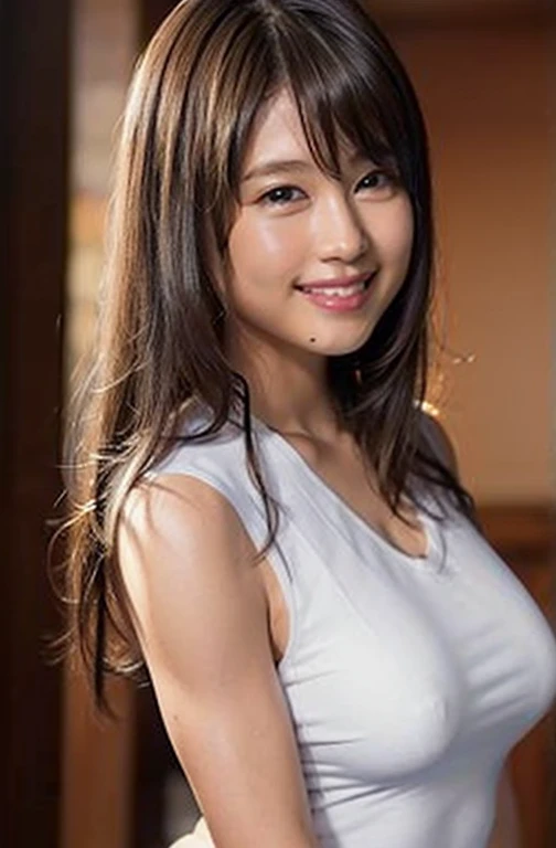 (8k, RAW Photos, highest quality, masterpiece: 1.2), (Realistic, photoRealistic: 1.37), Super Detail, Ultra-high resolution, One Girl, Beholder, Beautifully detailed face, smile, narrow, (Narrow waist): 1.3), shirt, Beautifully detailed skin, Skin Texture,Fresh skin,Smooth skin, Wet Skin,Floating Hair, Professional Lighting, Big Breasts,The shape of the breasts is very clear:1.5,(((very long nipples:1.5. I can see it clearly))), Kind eyes,((((A very thin, tight, white sleeveless top, Peering:1.5)))),sexy