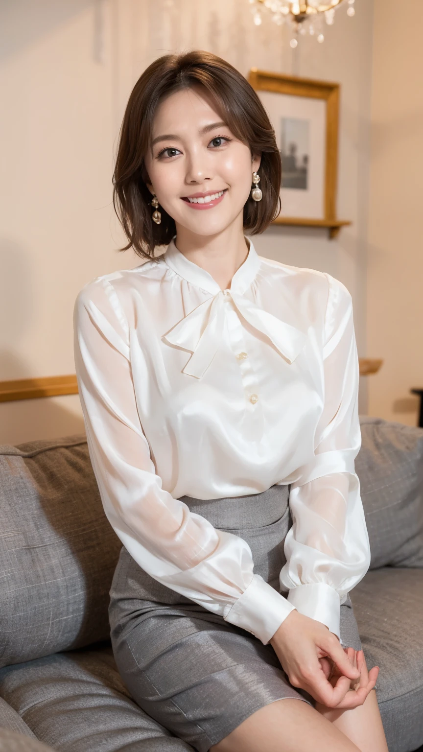 （RAW Photos：1.2）、 (Realistic:1.4),（D cup breasts）,Thick legs、alone、(White Silk_blouse:1.5),(Grey pencil skirt:1.5),（Knee-length skirt:1.8）、(Pearl_Earrings:1.3),Jewelry Necklace Short Hair,black eye、（Dimly lit luxury boutique：1.8）、（Looking at the audience：1.2）、Beautiful Japanese Woman, Very detailed,High resolution, Very detailed,highest quality,Raise awareness,Unified,8k wallpaper,masterpiece,highest quality,1 female,alone,rich,Whole Body Ezbian,（A kind smile：1.5）、（Full body photo:1.8）、Sit on the sofa with your legs together、Black pumps、Wooden floor、chandelier、upright