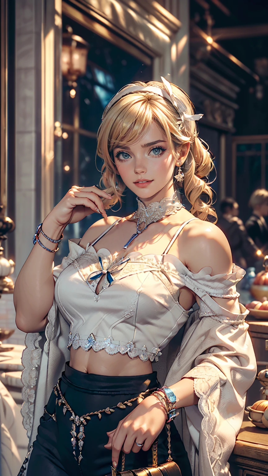 (8K, RAW Photos, highest quality, masterpiece:1.2), (Realistic, photo-Realistic:1.37)、Earrings, eyelash, pantyhose、セクシーな刺激的なsmile、 (Shiny skin:1.05)、Fashion model body type、Having her hair done、My chest is popping out、Wear accessories on your wrist、Wearing accessories on the ankle、Background blur((depth of field)、smile、White woman、Platinum Blonde、blue eyes、Vertical roll on one side((side drill))、Wear a lace-embellished off-the-shoulder top、Lower milk visible、I can see my belly button、Wear low rise leggings、Wear mules、smile、hair band((hair ribbon))、Wear a lace choker
