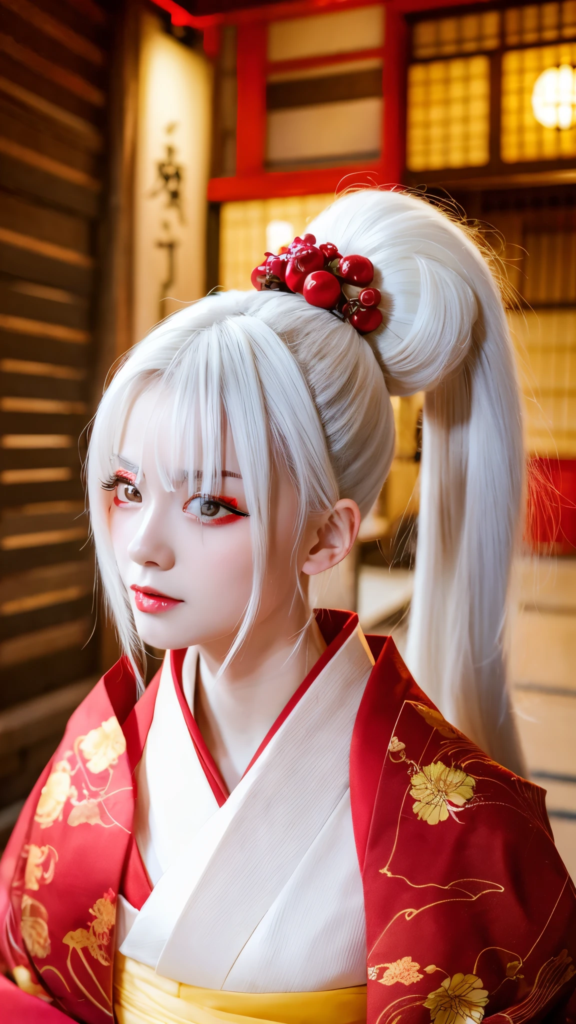 White hair Red eyes　kimono　Yellow　Fang hairpin　tattoo