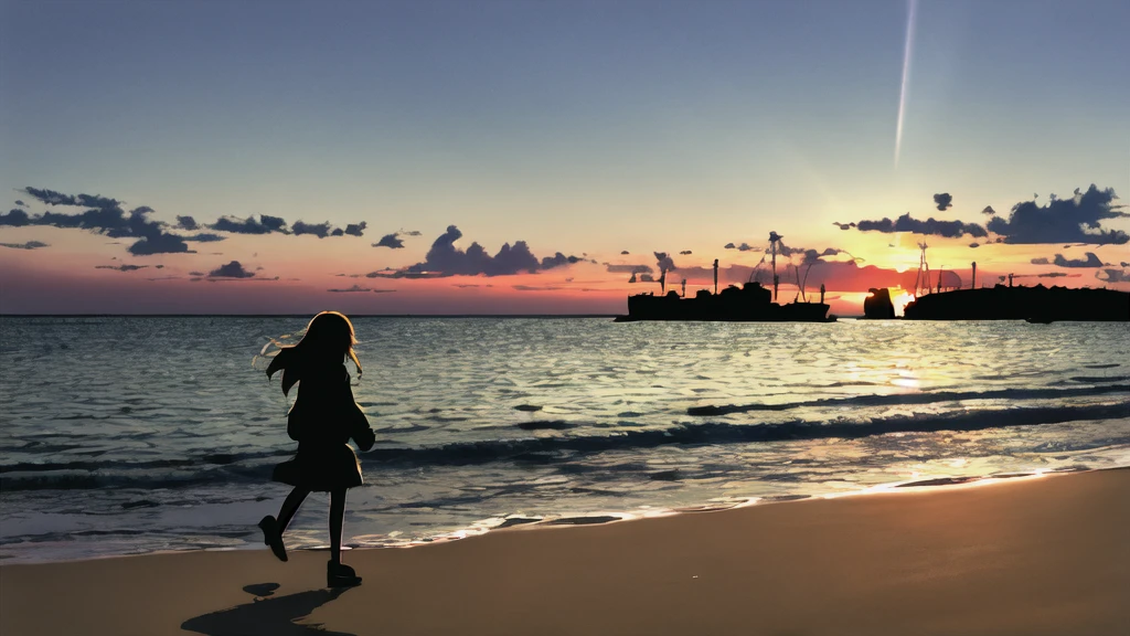 The light of the setting sun reflects fantastically from the seaside and scatters、Flying lights,Silhouette of a girl walking, ((Long Shadows))