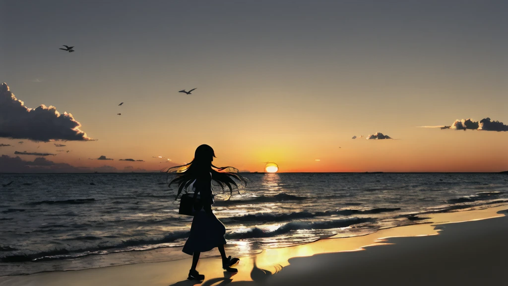 The light of the setting sun reflects fantastically from the seaside and scatters、Flying lights,Silhouette of a girl walking, ((Long Shadows))