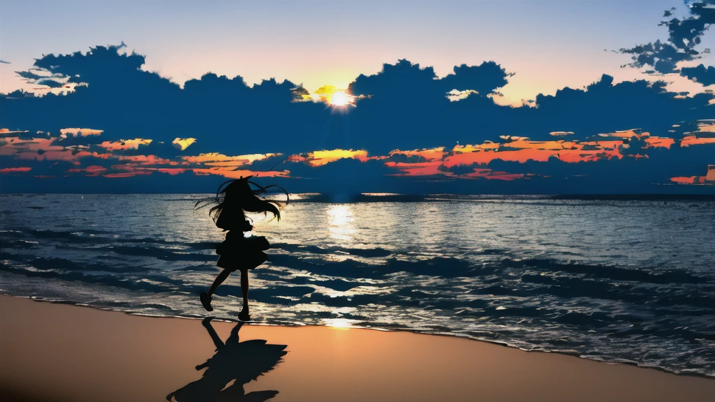 The light of the setting sun reflects fantastically from the seaside and scatters、Flying lights,Silhouette of a girl walking, ((Long Shadows))