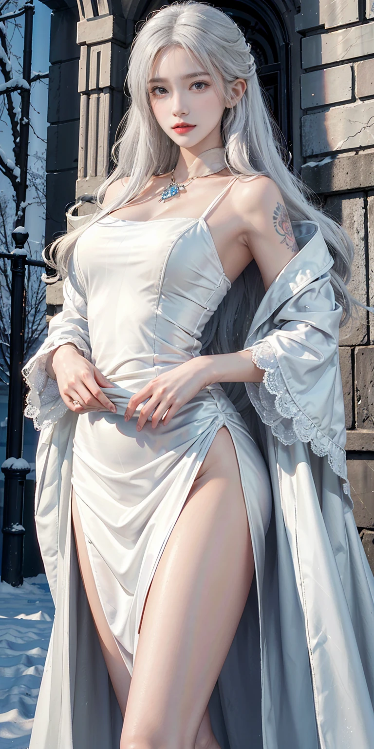 Reality, high resolution, Soft Light,1 female, Solitary, Hips up, shiny silk sheer dress, (Delicate face),Tattoo, jewelry, Winter Clothing, coat, snow, white hair, curls, Beautiful Soldier, Attract the audience's eyes, lover's perspective, Invitation to express, Sexy smile, Perfect style, Perfect balance, Delicate skin, Naughty eyes, Visible chest