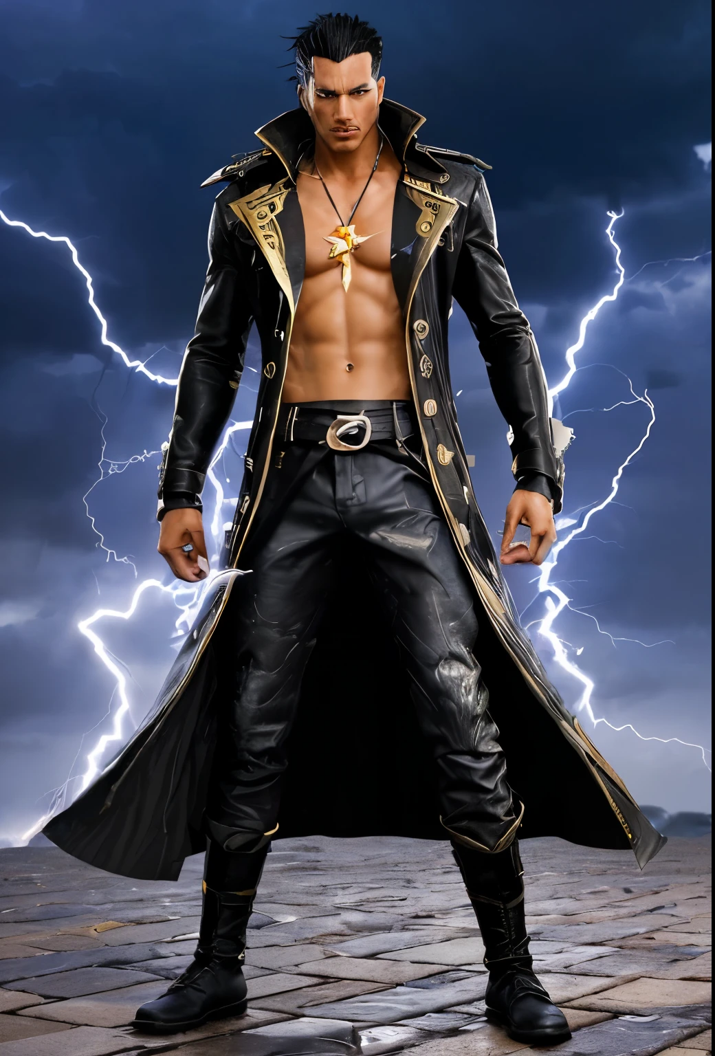 Sure, here's a character in the style of "One Piece":
**Name:** Kairo Stormbreaker
**Appearance:** Kairo is a tall and muscular figure with a rugged and weathered appearance. His jet-black hair is styled in a wild mane that flows freely in the wind, framing his sharp features. He has intense, stormy gray eyes that seem to hold a hint of mystery and danger. Adorned in a black trench coat with gold trimmings, he exudes an aura of power and authority. Underneath the coat, he wears a form-fitting black outfit with intricate patterns that resemble crackling lightning bolts.
**Abilities:** Kairo is a master of elemental manipulation, specializing in the control of lightning and storms. He can summon thunderclouds at will and unleash devastating lightning strikes upon his enemies. His agility and speed are unmatched, allowing him to dart across the battlefield with lightning-fast reflexes. In combat, he wields a formidable weapon known as the "Stormbreaker," a sleek black sword infused with the power of thunder and lightning, capable of slicing through even the toughest of adversaries with ease.
**Personality:** Despite his intimidating appearance, Kairo is a stoic and honorable warrior with a strong sense of justice. He is fiercely loyal to his friends and allies, always willing to risk his life to protect them. However, he harbors a dark past shrouded in mystery, and his brooding demeanor hints at inner turmoil and unresolved conflicts. Despite this, he remains steadfast in his resolve to make the world a better place and seeks redemption for his past sins through his actions.