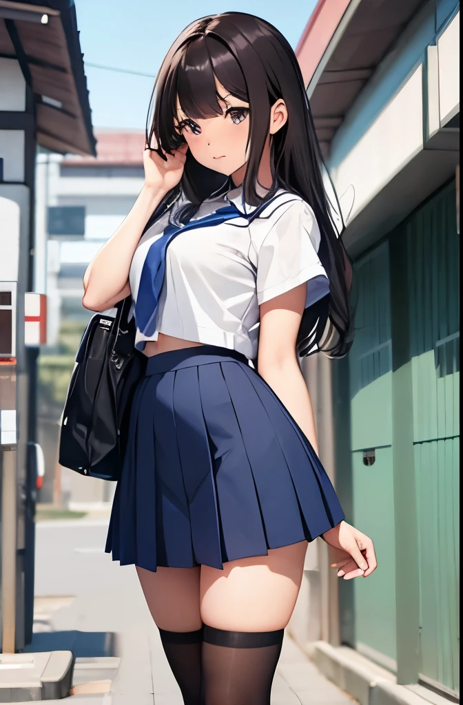 japan high-school uniform, mid dark hair, short blue skirt, stockings, thin face, hips, breasts, high body, legs, fits image, sfw, centered, navel, school-bag