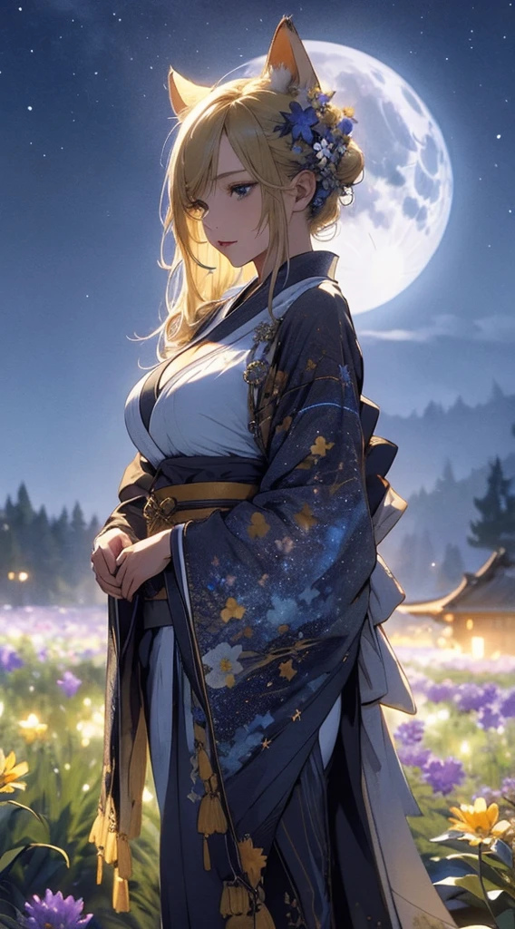 masterpiece, high quality, 4K, Beautiful design, silhouette，blonde， Highly detailed aurora,Flower Field， wonderful, Finer details,  Very knowledgeable woman, Highly detailed solo, 1 female,Cat ear，Big Breasts，kimono，Night view，Starry Sky，full moon，