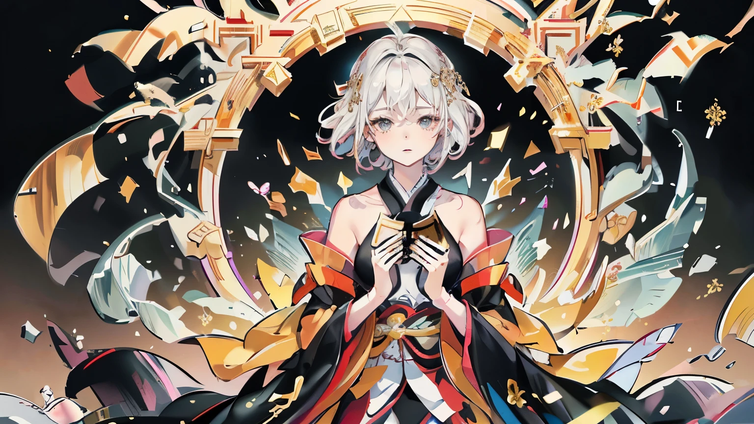 Background of Details(Frozen City),break ,Fancy costumes(Luxury kimono in Japan(Black kimono(Detailed embroidery(Blanche,gold medal)))),break,(1. Beautiful and elegant adult woman(A shy smile)(Beautiful Japanese actresses)(Pink Hair(short hair))Holding a Japanese sword(Holding a long sword、Sharp),(Coming out of the ice circle,break,Wallpapers 16K,Blur the background,)(,highest quality,),