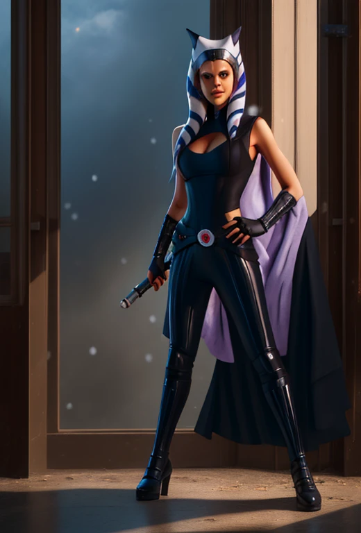 photorealistic, octane render, best quality, sharp focus, 8k, 4k, Masterpiece, Best Quality, realistic skin texture, extremely detailed, intricate, hyper detailed, illustration, soft lighting, high resolution, sharp detail, ahsoka tano, young, dark_ahsoka, sith, full body, evil, red lightsaber with red visor,armor,black gloves,black bodysuit,cape, black pants,looking at viewer, standing, medium shot, hands on hips, outside, park, trees, winter, blue sky, high quality, masterpiece,