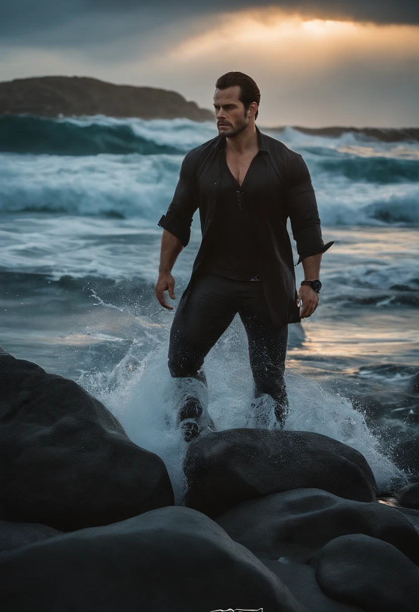 Henry Cavill, vestindo fantasia de pantera negra, Fato de Wakanda Forever pantera negra, evening ocean sunset background, fundo desfocado, (action photo, rastejando1.25), (papel de parede 8K extremamente detalhado), (strong lighting), alta qualidade, film grain, Sharp focus Fujifilm XT3, f5.6, 50mm, alto detalhe, sharp focus, (Luz natural), detalhes malucos, detalhes complexos, hiperdetalhado