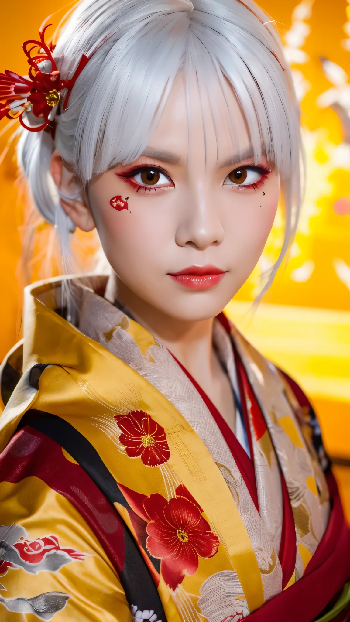 White hair Red eyes　kimono　Yellow　Fang hairpin　tattoo