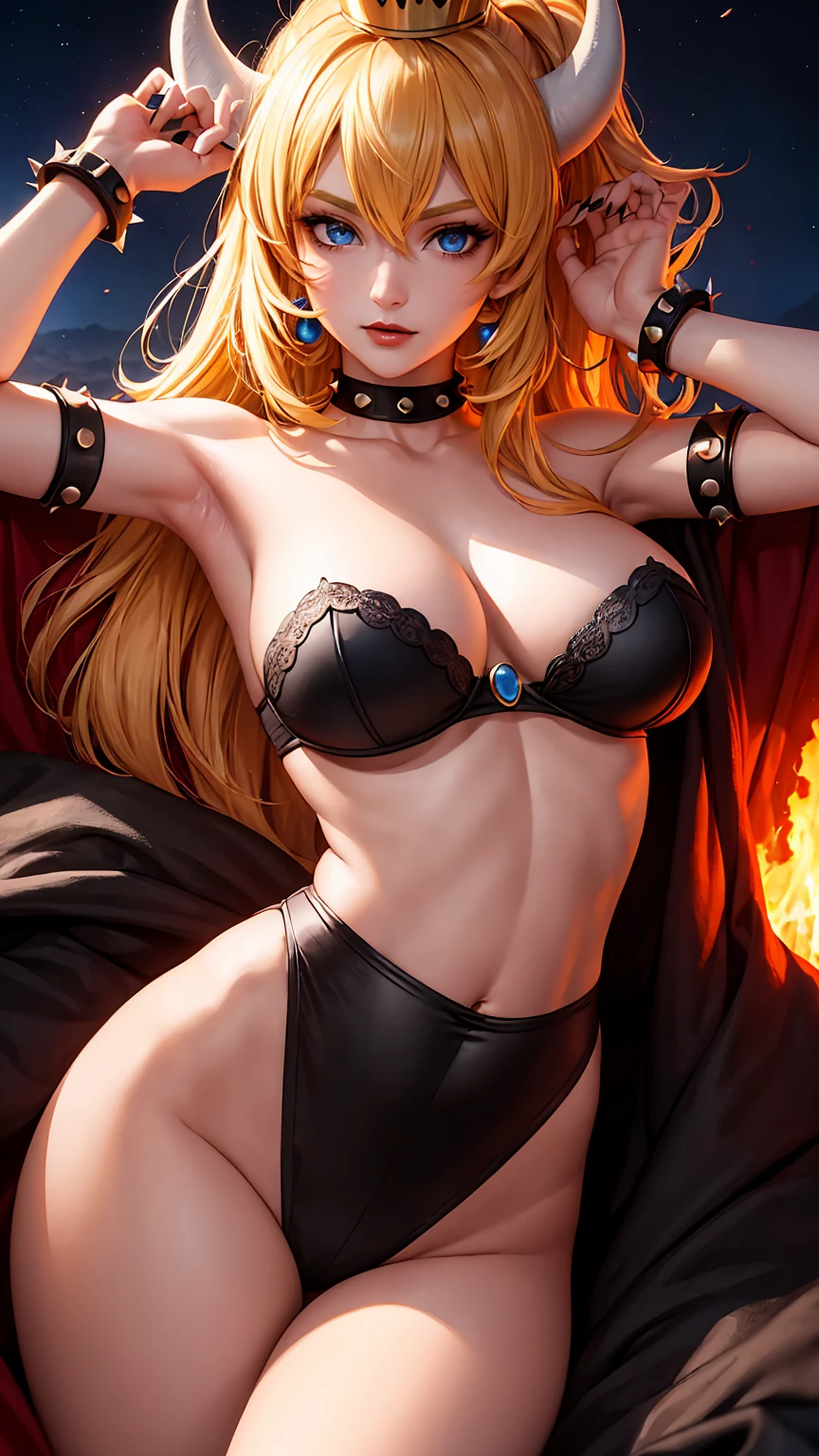 ((high detailed, best quality, 4k, masterpiece, hd:1.3)), ((best quality)), (((HD))), (((8k))), (ultraDH), (ultra HD), Princess Daisy, blue eyes, BREAK blue eyes, seductive, attractive, smooth anime cg art, 36C breasts, long legs, vivid colors, detailed digital art, slim body, perfect skin, dark blonde hair, long hair, blonde hair, blonde hair, BREAK crown, cleavage, 36C cleavage, looking at viewer, BREAK looking at viewer, extremely detailed face, red santa suit, red santa claus suit, santa claus suit, earrings, gem, dark black makeup lips, dark gothic eyeshadows, dark eyeshadows, black eyeshadows, black sexy lips, black lips, (dark:1.2), dark lips, very dark lips, (perfect hands, perfect anatomy), black makeup, black medium lips, black thick lips, detailed fingers, five fingers per hand, 5 fingers, (1 girl), detailed lips, detailed black lips, black painted lips, gothic painted lips, BREAK night, night sky, (breast focus), (arms outstreched:1.2), (from above:1.1), (breasts out:1.3), (off shoulder:1.1), (white horns), (bra), inside a lava castle, she inside a sea of lava, she bathing in lava,