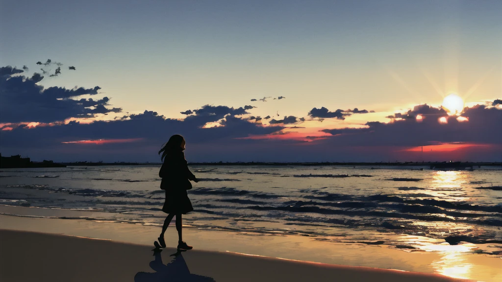 The light of the setting sun reflects fantastically from the seaside and scatters、Flying lights,Silhouette of a girl walking, ((Long Shadows))