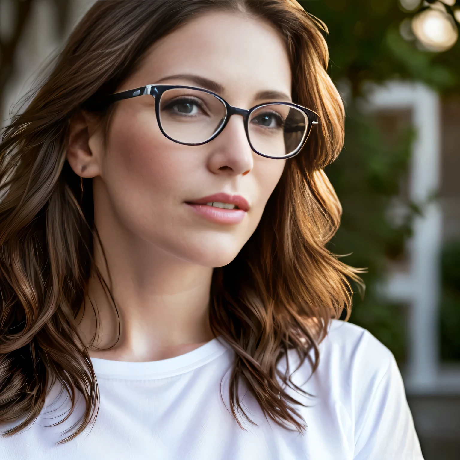 there is a light brunette woman with glasses looking at a cell phone, portrait of a 38 year old woman, wearing reading glasses, wearing large thin round glasses, portrait of brunette, close-up portrait of woman, 38 years old, (38 years old ), wearing white t-shirt ((((white t-shirt))) no blur, HD, high contrast, 16K Masterpiece: 1.3, high resolution, (photographically realistic), NUDE, NUDITY, NFSW. 16K