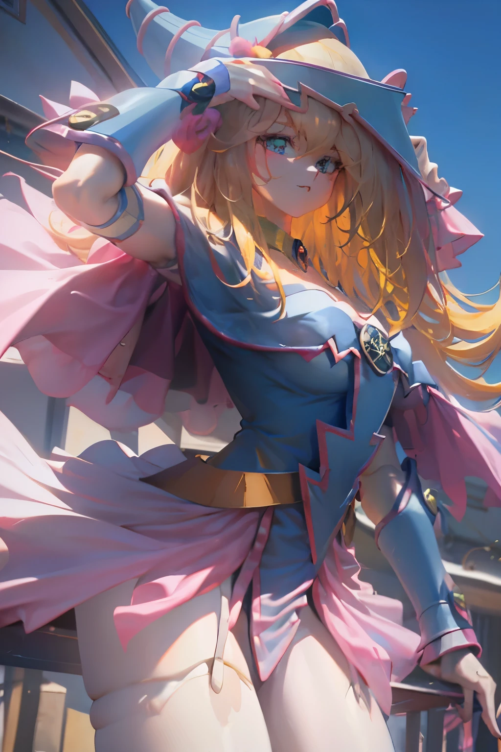 Hatsune Miku disfrazada de dark magician gils. Pose sensual y seductora. Fondo de magia