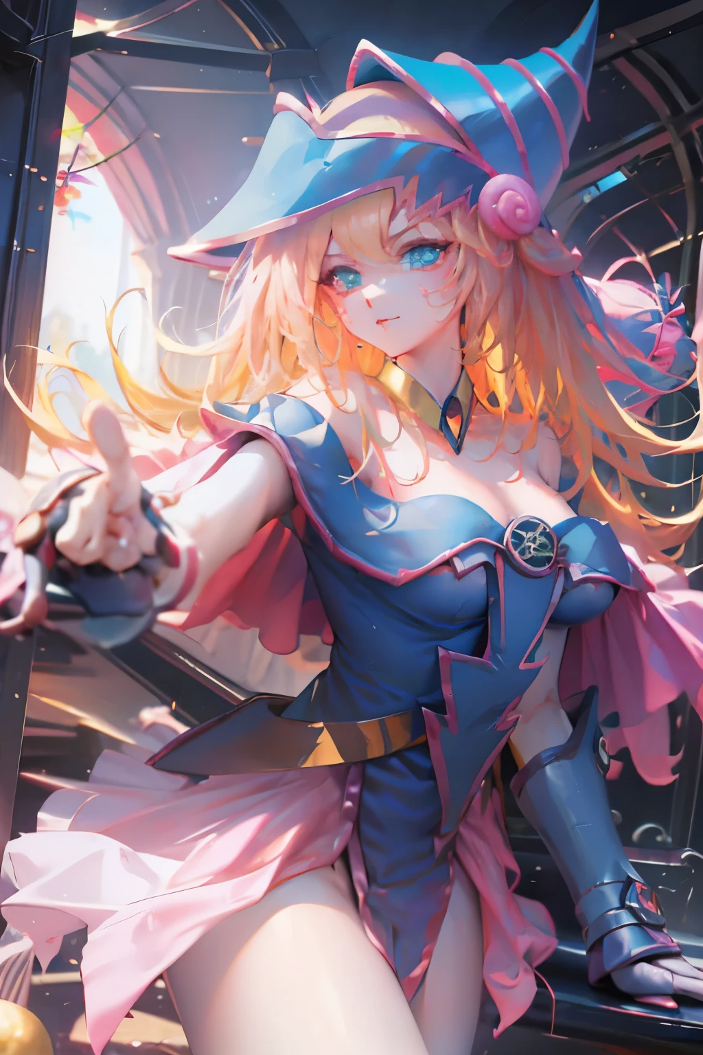Hatsune Miku disfrazada de dark magician gils. Pose sensual y seductora. Fondo de magia 