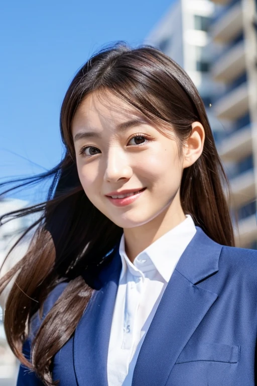 The background is blue sky,High definition,Looking at the camera,Japan female, 26 years old,A waist-up composition with a brightly lit face,She has an oval face,Soft arched eyebrows,bright expressive eyes,,pronounced nose,Friendly smile,ponytail,Light chestnut dyed hair。She is wearing a smart casual blouse,Soft colors,Wearing a chic blazer,Embodying her active and sociable lifestyle。