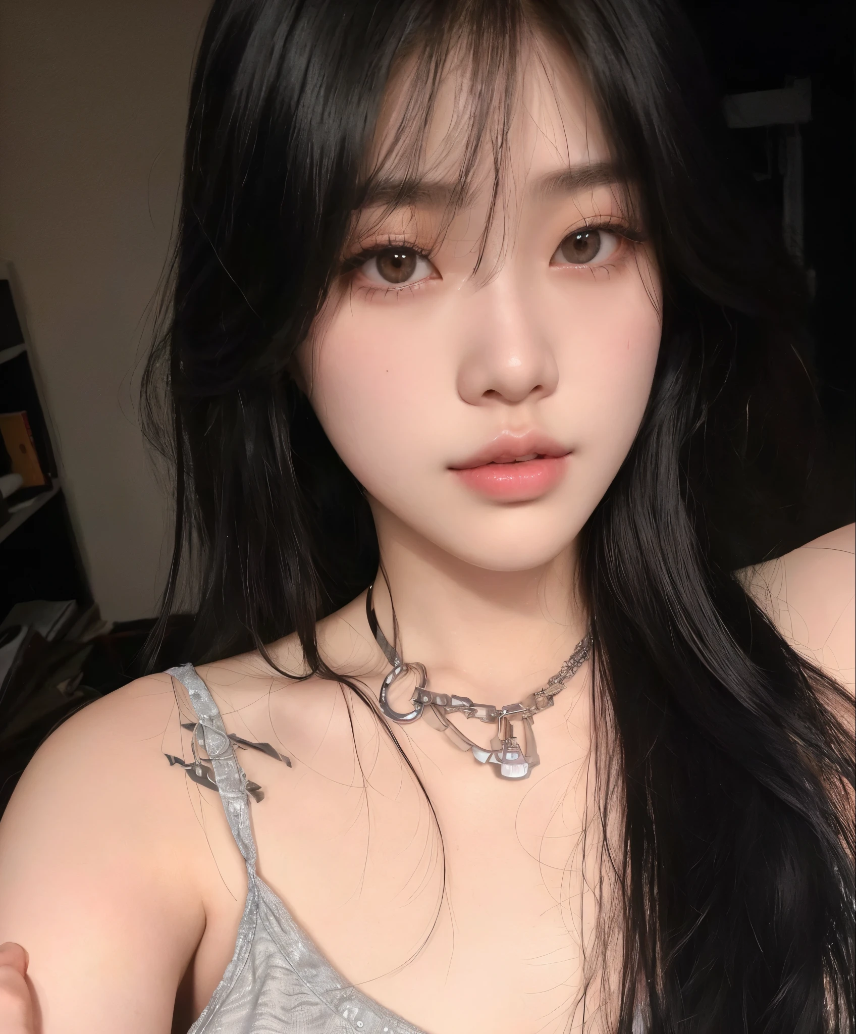 Un primer plano de una mujer con el pelo largo que lleva un sujetador, Hermosa mujer surcoreana, Chica coreana, ulzzang, Hermosa joven coreana, Hermosa joven coreana, Joven y adorable rostro coreano, maquillaje coreano popular, maquillaje popular de Corea del Sur, Wan adorable cara coreana, Rasgos de la cara coreana, Cara sexy con maquillaje completo, Korean symmetrical face, Beautiful aesthetic face