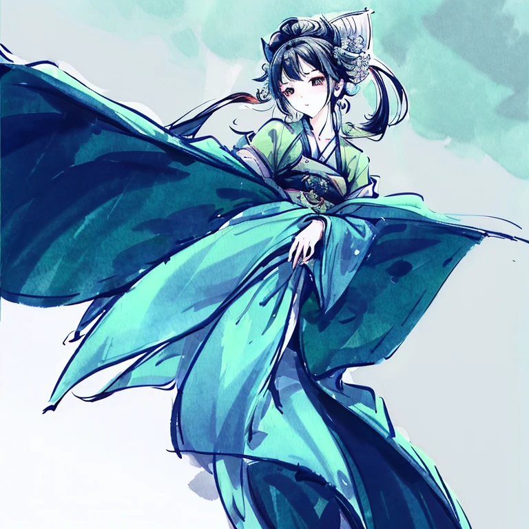 (best quality)Wulin Beauty,Cool as bamboo,Tenacious temperament,Holding green bamboo flute,Stand by the side of the ship,Ink painting style,Straight posture,Mid-chest,4K