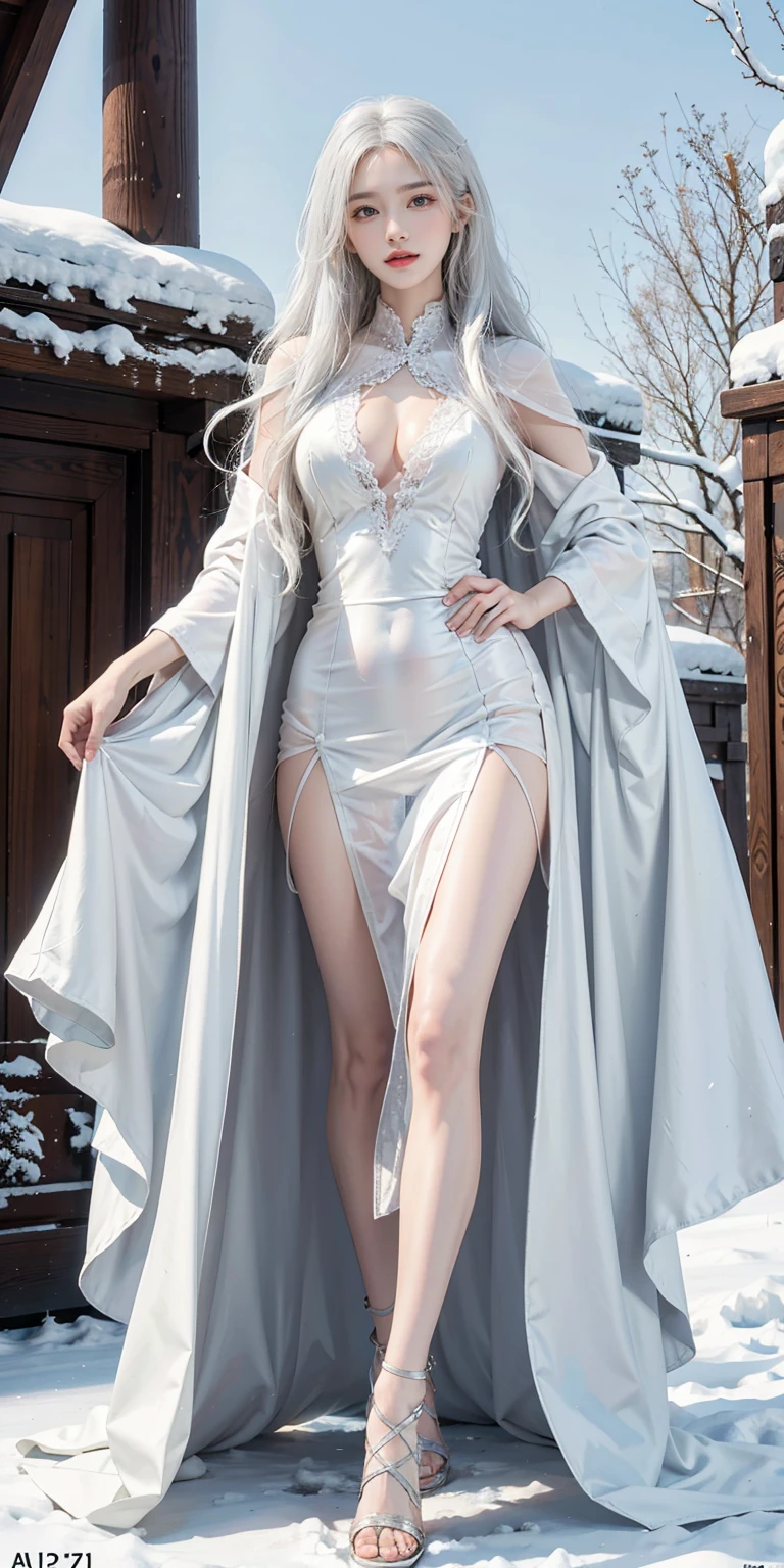 Reality, high resolution, Soft Light,1 female, Solitary, Hips up, shiny silk sheer dress, (Delicate face),Tattoo, jewelry, Winter Clothing, coat, snow, white hair, curls, Beautiful Soldier, Attract the audience's eyes, lover's perspective, Invitation to express, Sexy smile, Perfect style, Perfect balance, Delicate skin, Naughty eyes, Visible chest,Standing Side Lunge