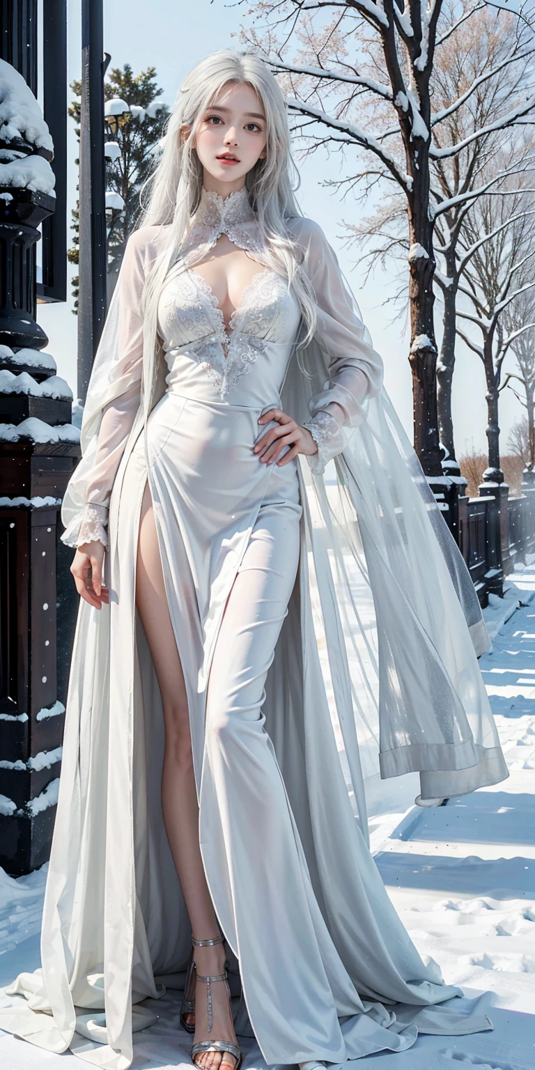 Reality, high resolution, Soft Light,1 female, Solitary, Hips up, shiny silk sheer dress, (Delicate face),Tattoo, jewelry, Winter Clothing, coat, snow, white hair, curls, Beautiful Soldier, Attract the audience's eyes, lover's perspective, Invitation to express, Sexy smile, Perfect style, Perfect balance, Delicate skin, Naughty eyes, Visible chest,Standing Side Lunge