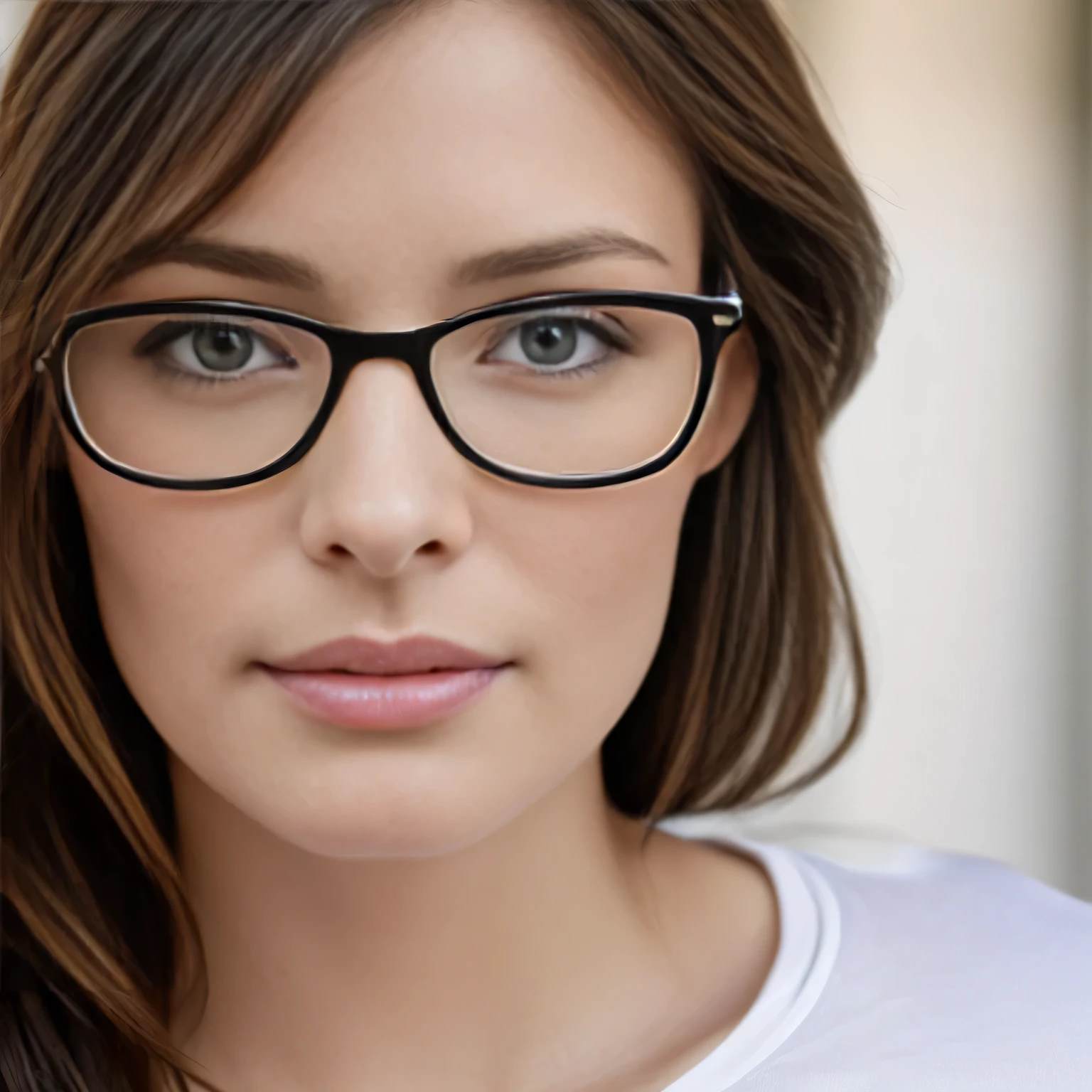 there is a light brunette woman with glasses looking at a cell phone, portrait of a 38 year old woman, wearing reading glasses, wearing large thin round glasses, portrait of brunette, close-up portrait of woman, 38 years old, (38 years old ), wearing white t-shirt ((((white t-shirt))) no blur, HD, high contrast, 16K Masterpiece: 1.3, high resolution, (photographically realistic), NUDE, NUDITY, NFSW. 16K