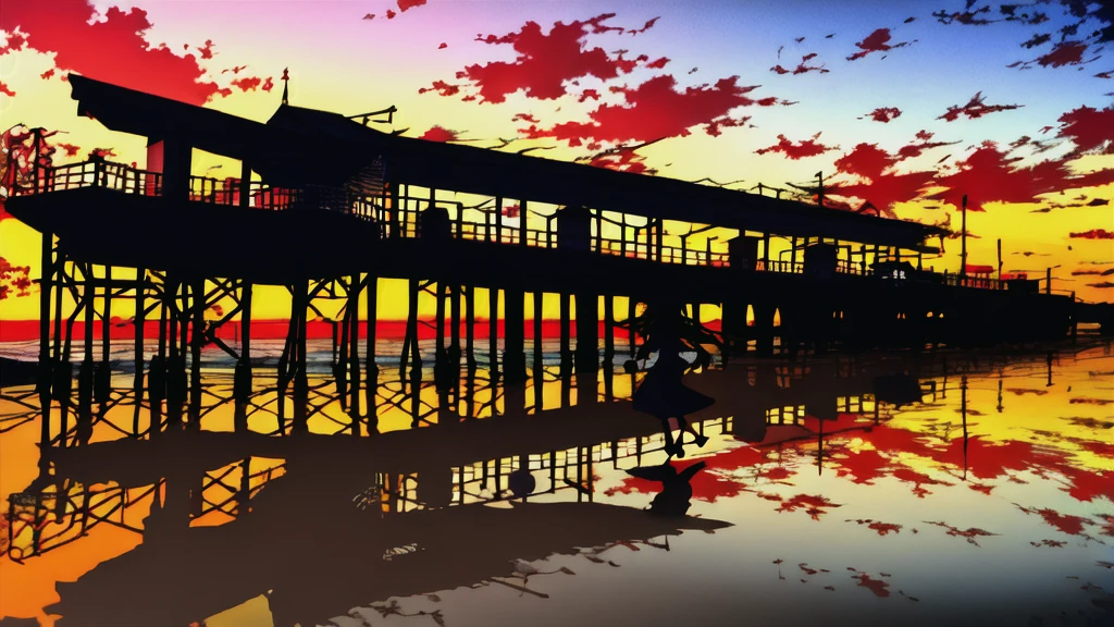 The light of the setting sun reflects fantastically from the seaside and scatters、Flying lights,Silhouette of a girl walking, ((Long Shadows))