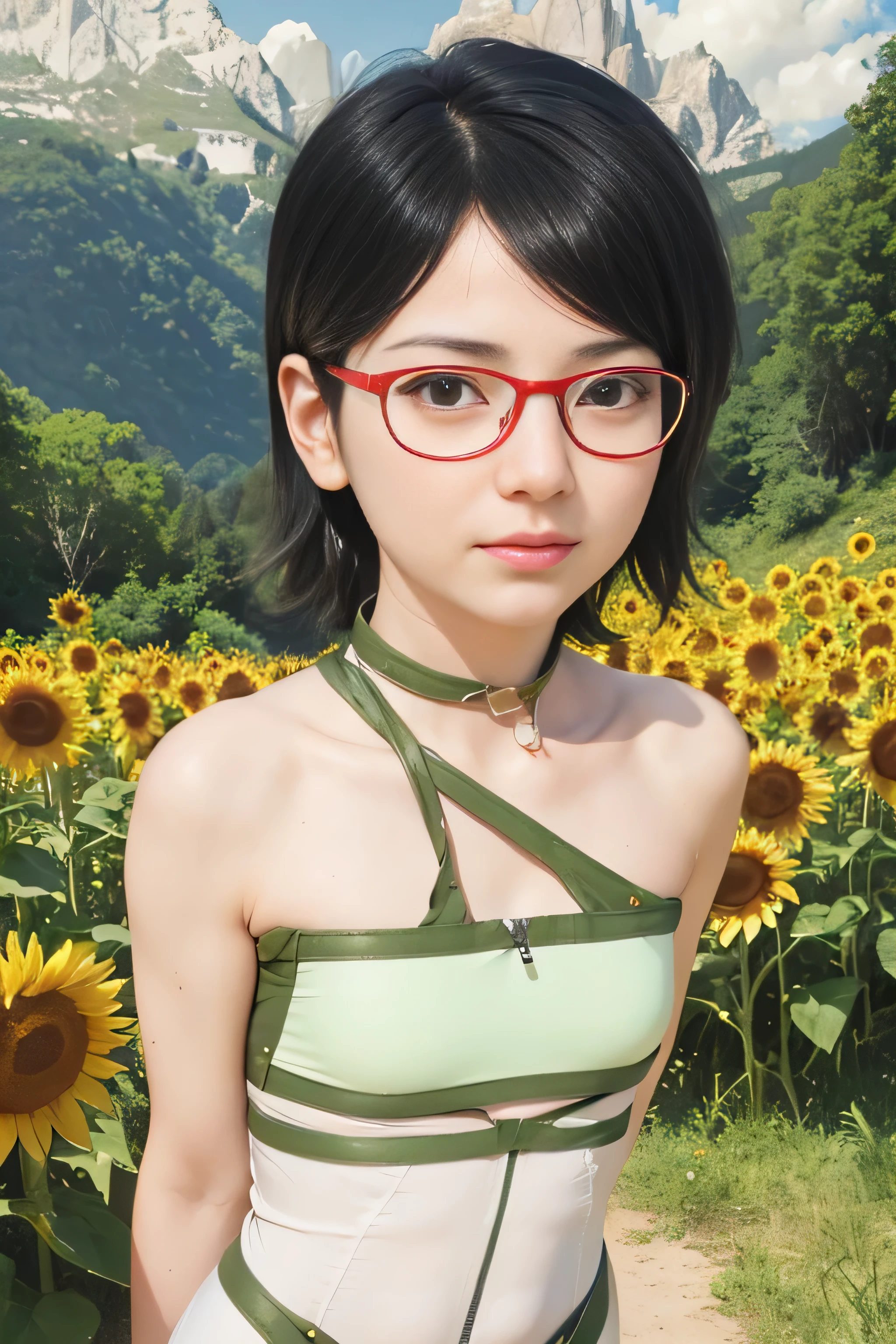 masterpiece, best quality, (realistic,photo-realistic:1.4), (RAW photo:1.2), extremely detailed CG unity 8k wallpaper, delicate and beautiful, amazing,finely detail, official art, absurdres, incredibly absurdres, huge filesize, ultra-detailed,extremely detailed eyes and face,light on face,sarada,(little smile),(black hair:1.4),(short hair:1.6),(wearing bodysuit:1.5),(wearing red framed glasses:1.4),(small breast:1.3),sunflower