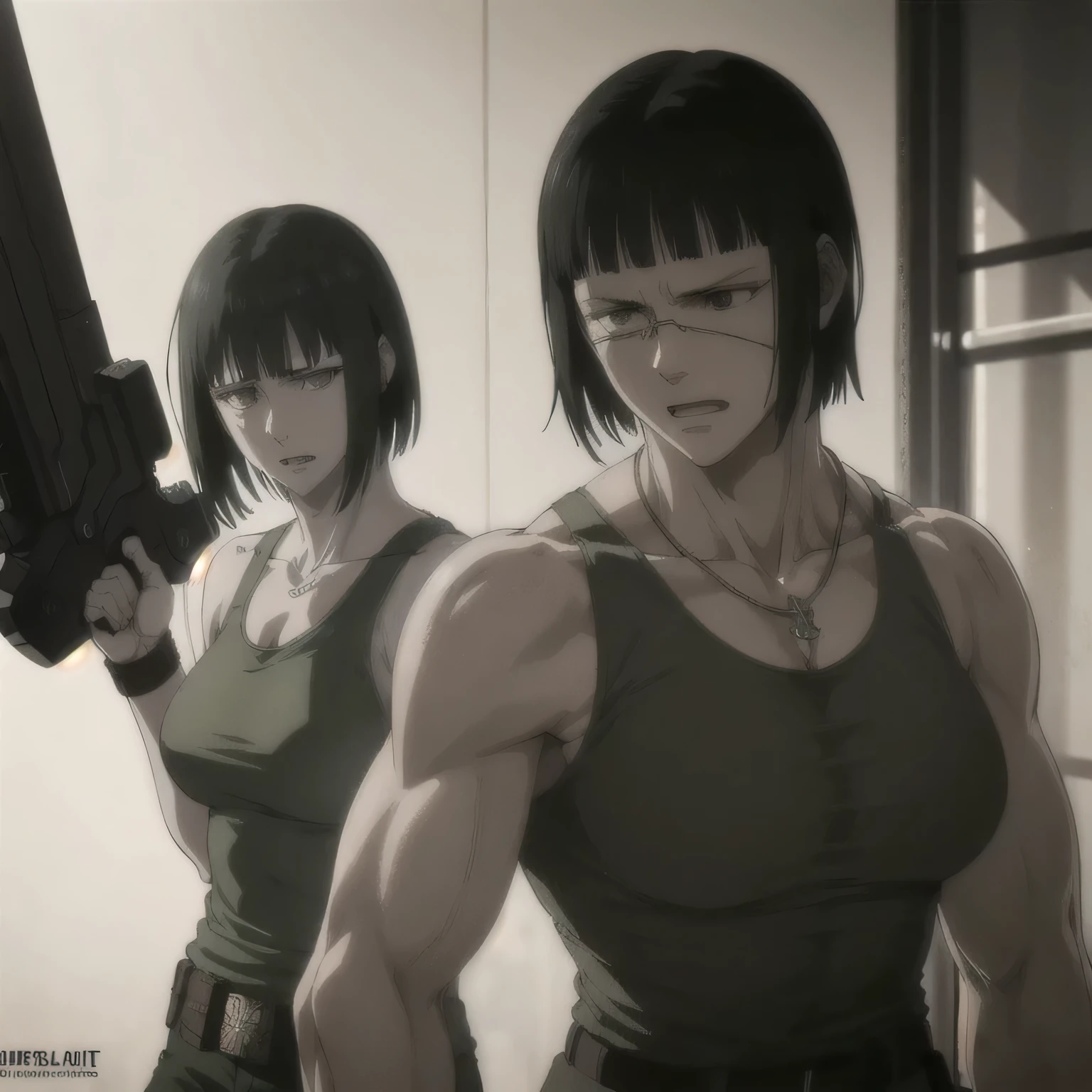(best quality,ultra-detailed,realistic:1.37),musclaur badass girl with sculpted body with preview her musclaur body and six-pack, full review of the female character's face and body, intense expression, strong and confident posture, studio lighting, vivid colors, physiologically-based rendering, grungy texture, rugged background, dust particles in the air, commanding presence, professional, powerful, gritty aesthetics,,Valmet،short hair,necklace,clean muscles،wearing male military pants with belt and tank top, tattoos on shoulders,clean clothes,