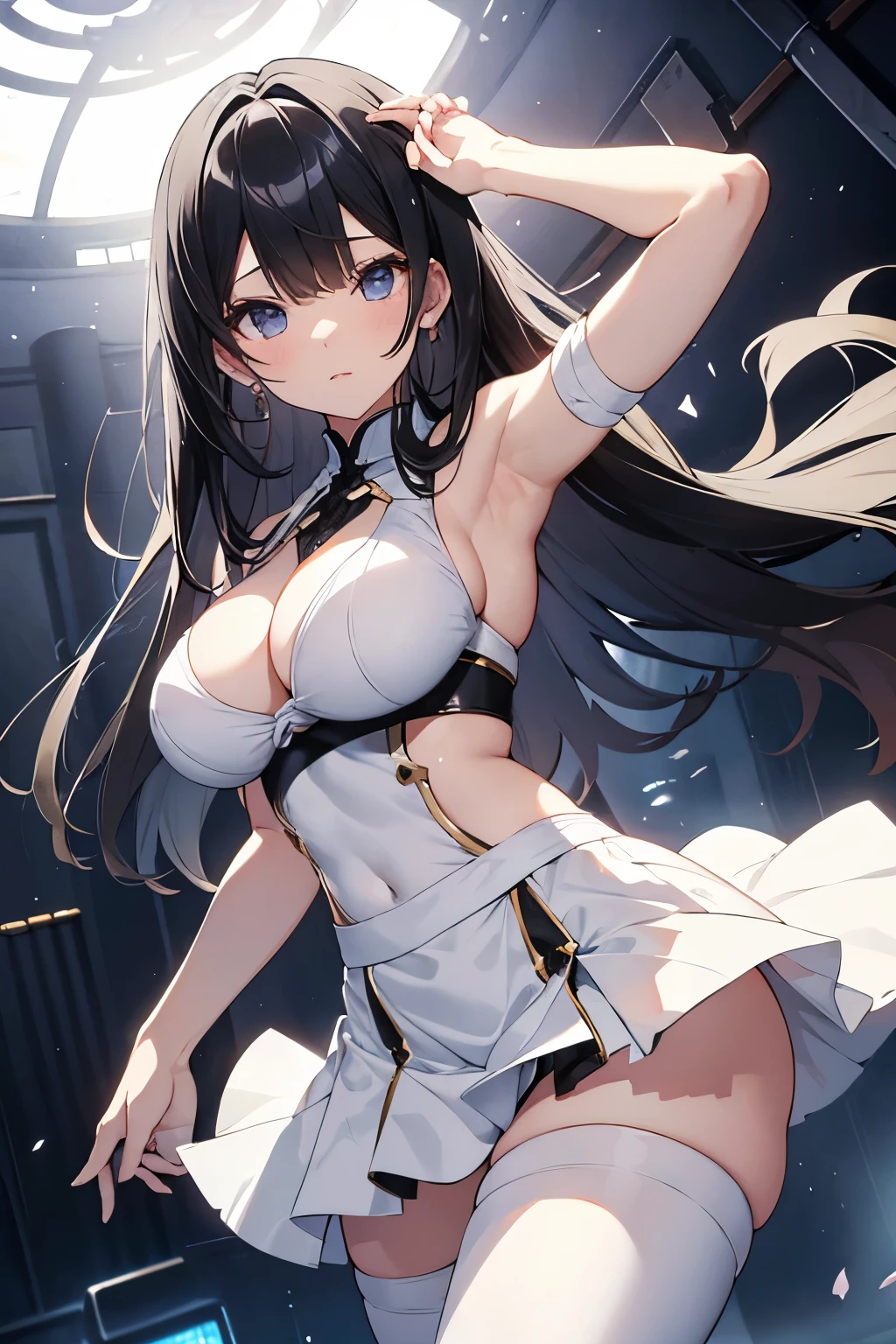 White Dancer。An illustration。girl。Black Hair。Big Breasts。Fantasy。Expose。White skin。mini skirt。breast。I can see your pants。With legs open。Fresnel。The hair is transparent with light。Thick thighs。She's flipping up her skirt herself。
