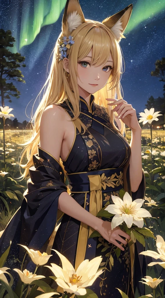 masterpiece, high quality, 4K, Beautiful design, silhouette，blonde， 非常に詳細な夜のStarry Sky,Aurora，Flower Field， wonderful, Finer details,  Very knowledgeable woman, Highly detailed solo, 1 female,Fox Ears，Fox'tail，Big Breasts，kimono，Night view，Starry Sky，full moon，