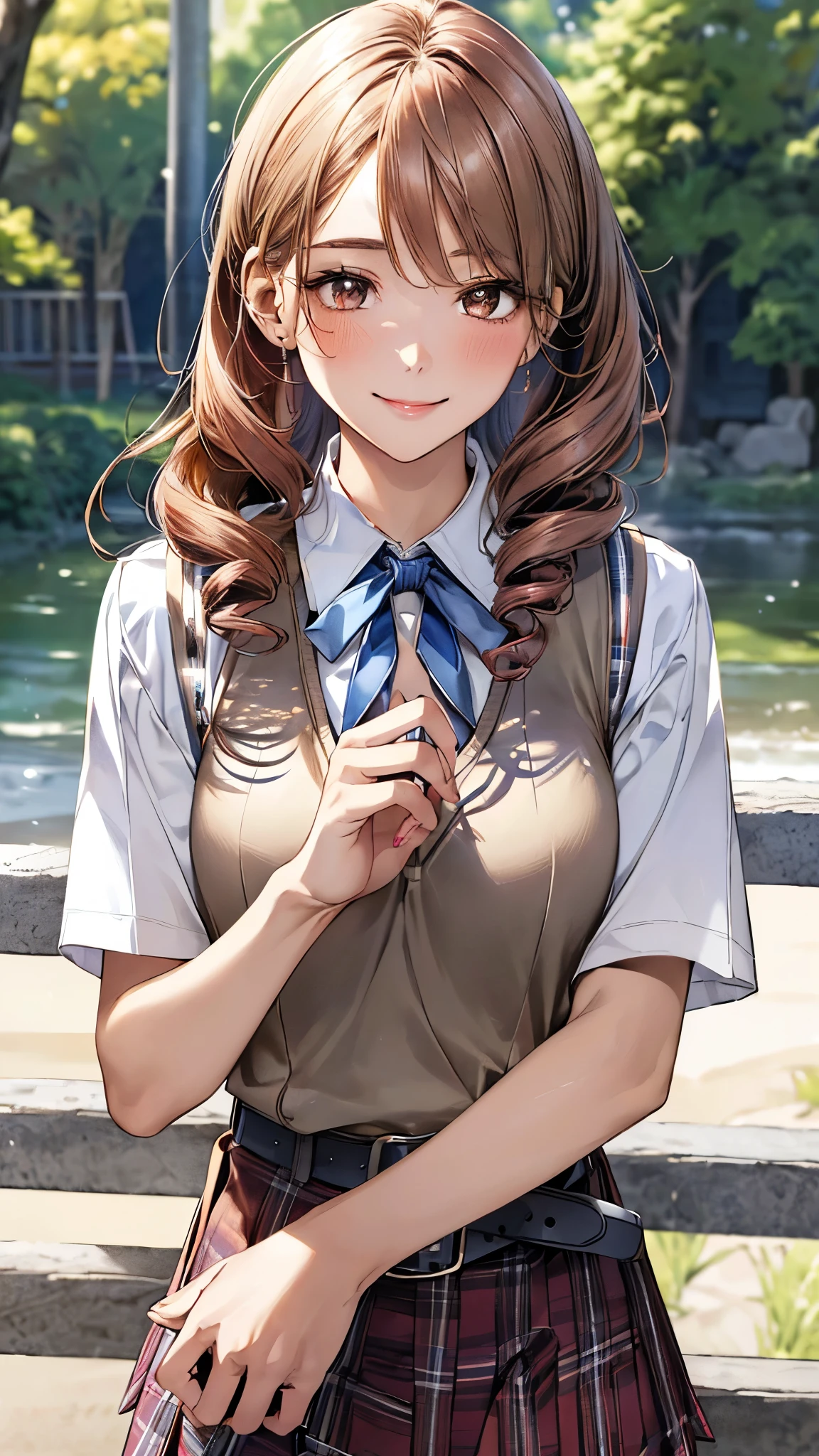 (masterpiece:1.3, top-quality, ultra high res, ultra detailed), (realistic, photorealistic:1.2), beautiful illustration, perfect lighting, natural lighting, colorful, depth of fields, (face focus, upper body), 
beautiful detailed hair, beautiful detailed face, beautiful detailed eyes, beautiful clavicle, beautiful body, beautiful chest, beautiful thigh, beautiful legs, beautiful hands, shiny skin, 
looking at viewer, 1 girl, high school girl, (perfect anatomy, anatomically correct, super detailed skin), cute and symmetrical face, babyface, perfect face, perfect eyes, perfect fingers,
(middle hair, drill hair, sandy beige hair), ((hair pulled back)), light brown eyes, long eyelashes, (large breasts, seductive thighs), slender, outstanding style, 
((detailed cloth texture, break, light blue school vest, light blue tight skirt, belt, break, white collared shirt, break, navy neck ribbon), break, red plaid hair ribbon), break, 
(beautiful scenery), late afternoon, (riverside), walking, (smiling kindly:1.2), 