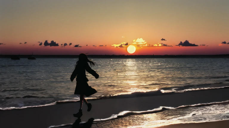 The light of the setting sun reflects fantastically from the seaside and scatters、Flying lights,Silhouette of a girl walking, ((Long Shadows))