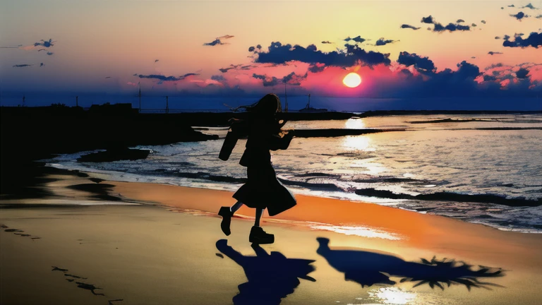 The light of the setting sun reflects fantastically from the seaside and scatters、Flying lights,Silhouette of a girl walking, ((Long Shadows))