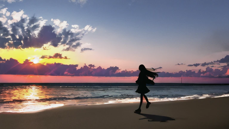 The light of the setting sun reflects fantastically from the seaside and scatters、Flying lights,Silhouette of a girl walking, ((Long Shadows))