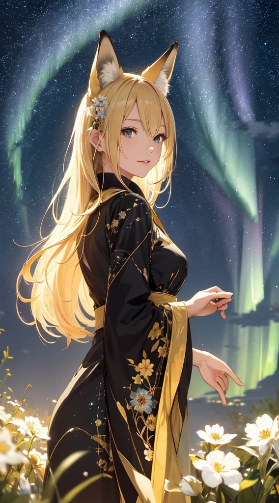 masterpiece, high quality, 4K, Beautiful design, silhouette，blonde， 非常に詳細な夜のStarry Sky,Aurora，Flower Field， wonderful, Finer details,  Very knowledgeable woman, Highly detailed solo, 1 female,Fox Ears，Fox&#39;tail，Big Breasts，kimono，Night view，Starry Sky，full moon，
