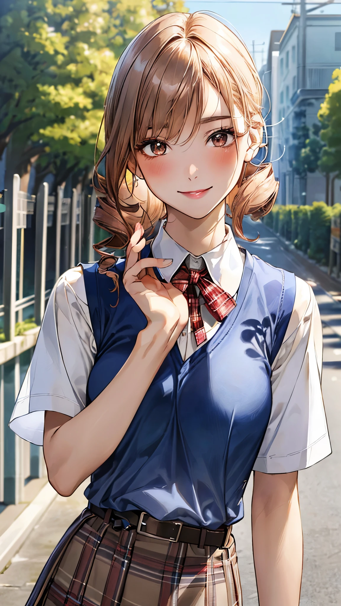 (masterpiece:1.3, top-quality, ultra high res, ultra detailed), (realistic, photorealistic:1.2), beautiful illustration, perfect lighting, natural lighting, colorful, depth of fields, (face focus, upper body),
beautiful detailed hair, beautiful detailed face, beautiful detailed eyes, beautiful clavicle, beautiful body, beautiful chest, beautiful thigh, beautiful legs, beautiful hands, shiny skin,
looking at viewer, 1 girl, high school girl, (perfect anatomy, anatomically correct, super detailed skin), cute and symmetrical face, babyface, perfect face, perfect eyes, perfect fingers,
(middle hair, drill hair, sandy beige hair), ((hair pulled back)), light brown eyes, long eyelashes, (large breasts, seductive thighs), slender, outstanding style,
((detailed cloth texture, break, light blue school vest, light blue tight skirt, belt, break, white collared shirt, break, navy neck ribbon), break, red plaid hair ribbon), break,
(beautiful scenery), late afternoon, (riverside), walking, (smiling kindly:1.2),