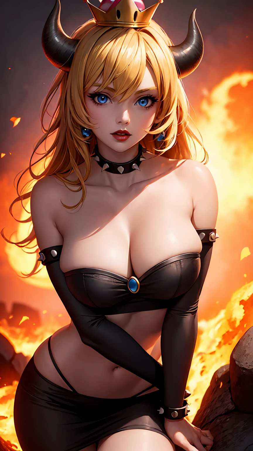 ((high detailed, best quality, 4k, masterpiece, hd:1.3)), ((best quality)), (((HD))), (((8k))), (ultraDH), (ultra HD), Princess Daisy, blue eyes, BREAK blue eyes, seductive, attractive, smooth anime cg art, 36C breasts, long legs, vivid colors, detailed digital art, slim body, perfect skin, dark blonde hair, long hair, blonde hair, blonde hair, BREAK crown, cleavage, 36C cleavage, looking at viewer, BREAK looking at viewer, extremely detailed face, red santa suit, red santa claus suit, santa claus suit, earrings, gem, dark black makeup lips, dark gothic eyeshadows, dark eyeshadows, black eyeshadows, black sexy lips, black lips, (dark:1.2), dark lips, very dark lips, (perfect hands, perfect anatomy), black makeup, black medium lips, black thick lips, detailed fingers, five fingers per hand, 5 fingers, (1 girl), detailed lips, detailed black lips, black painted lips, gothic painted lips, BREAK night, night sky, (breast focus), (arms outstreched:1.2), (from above:1.1), (breasts out:1.3), (off shoulder:1.1), (white horns), (bra), inside a lava castle, she inside a sea of lava, she bathing in lava,