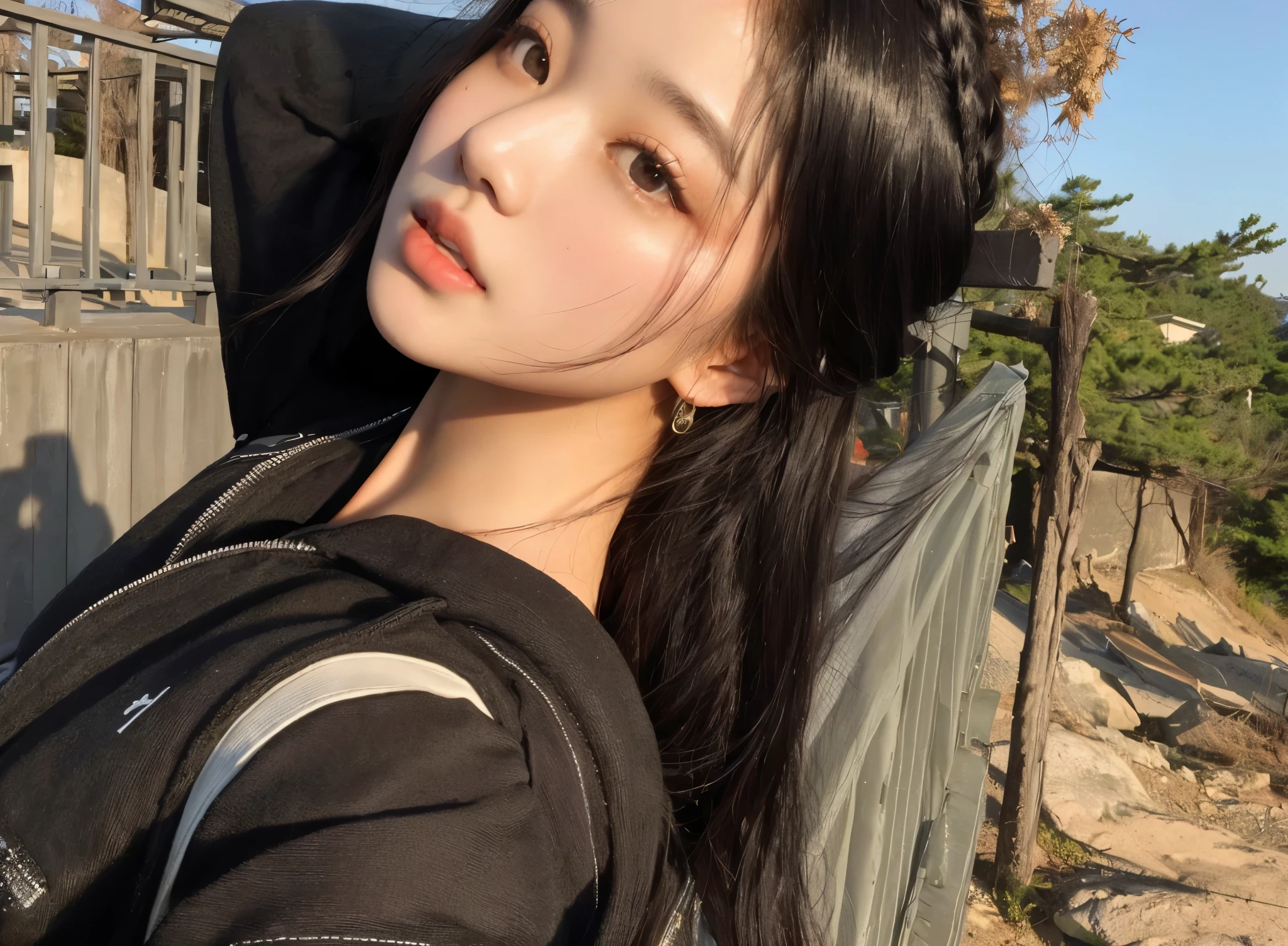 un primer plano de una mujer con una mochila en un puente, ulzzang, Jennie rosa negra, muchacha coreana, pale korean adorable face, hermosa mujer surcoreana, joven y adorable rostro coreano, Young cute pale asian face, jinyoung shin, hermosa joven coreana, retrato de jisoo rosa negro, maquillaje popular de corea del sur, hermosa joven coreana, Hermoso rostro estetico, foto de perfil en la cabeza
