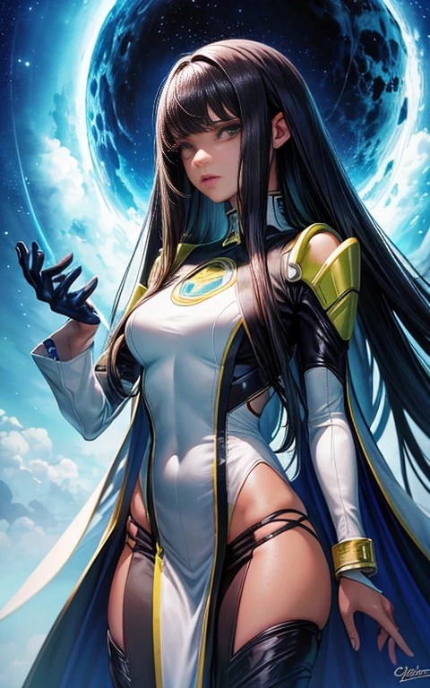 Pintura(Melhor qualidade)(metade do corpo)Garota negra futurista traje espacial, pele escura, estilo anime, Futuristic setting, cabelo pequeno. Pouca luz