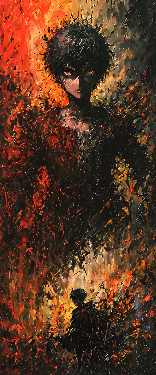 oscuro y desgarrado, 1 joven, hermoso cuerpo musculoso, fierce expression, sosteniendo un arma, (colores en su ropa, warm, naranja, amarillo, Violeta: 1.3), parado en un terreno desolado, dramatic lighting, sombras intensas, textura arenosa , alto contraste, Colores vibrantes, dynamic pose, postura poderosa, fondo rugoso, explosive atmosphere, dystopian theme, elementos surrealistas, digitally painted illustration, High definition resolution, detalles intrincados, dramatic composition, avant-garde and chaotic brushstrokes, Gothic style, emociones intensas, Scale epic, raw and gritty feeling, Obras de arte cautivadoras y provocativas..