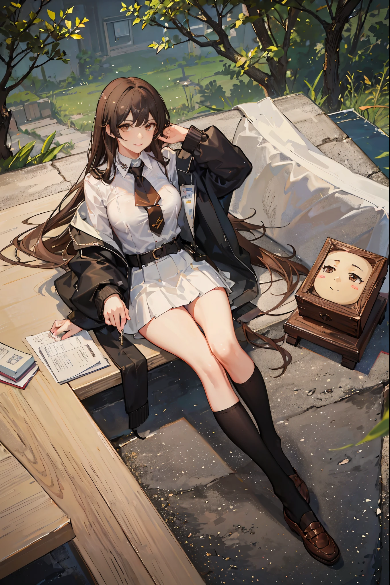 "anime woman, 1 person, wood brown hair, dark brown eyes, long loose hair,((women's shirt)), women's white jacket, white skirt, school uniform, long black stockings, big breasts, shape Sexy smiley face, sitting on the ground, solo, viewed from many different angles," (full HD 4K+ image)"